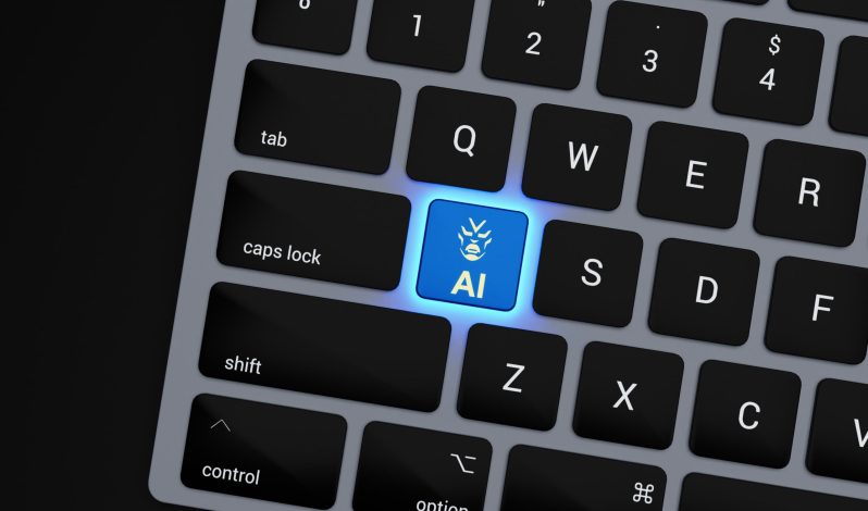 a close up of a keyboard with a blue button