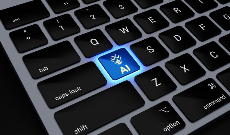 a computer keyboard with a blue light on it